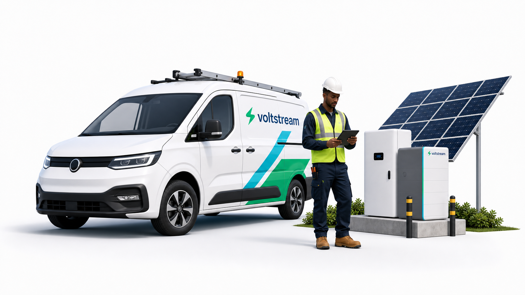 VoltStream branded service van with field engineer and solar equipment